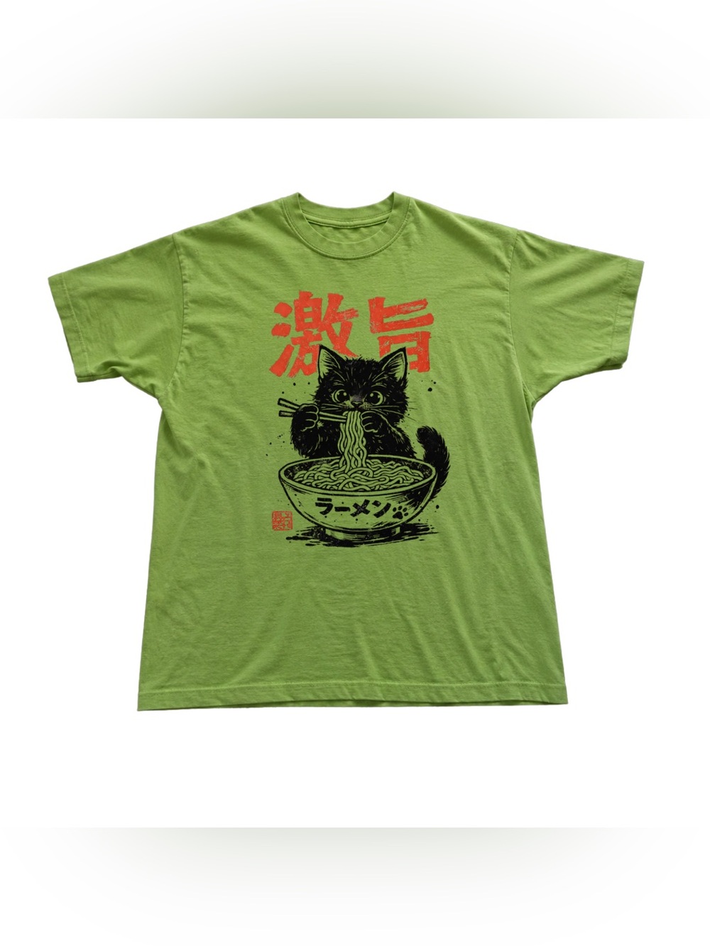 Kiwi Graphic Tee with Black Cat & Red Accents